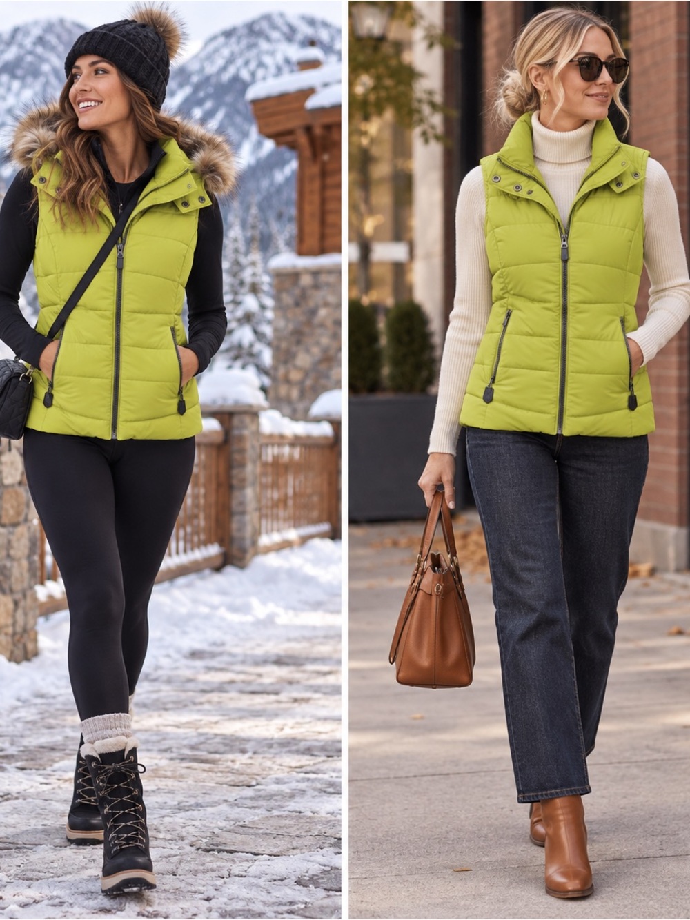 Green Tea Avocado Puffer Vest Faux Fur Detachable Hood Medium